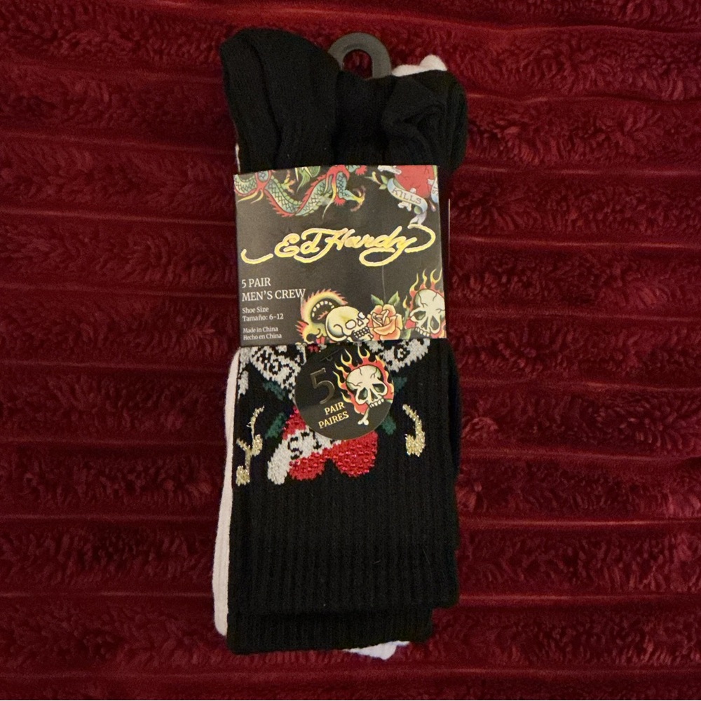 Ed Hardy Men's Crew Socks - Black with Red, White, Green Accents